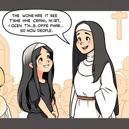 A graphic comic illustration featuring a Filipino girl engaged in a conversation with a nun