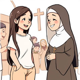 A graphic comic illustration featuring a Filipino girl engaged in a conversation with a nun