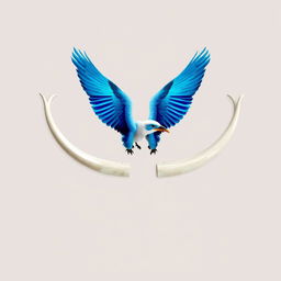 A stunning artistic representation featuring vibrant blue wings of a bird soaring gracefully, paired with the prominent white tusks of an elephant, symbolizing strength and beauty