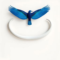 A stunning artistic representation featuring vibrant blue wings of a bird soaring gracefully, paired with the prominent white tusks of an elephant, symbolizing strength and beauty