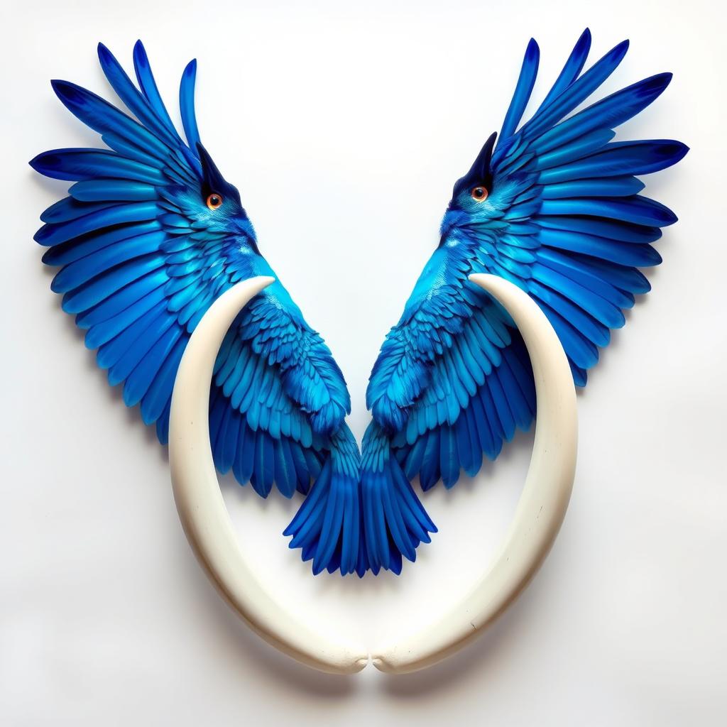 A stunning artistic representation featuring vibrant blue wings of a bird soaring gracefully, paired with the prominent white tusks of an elephant, symbolizing strength and beauty