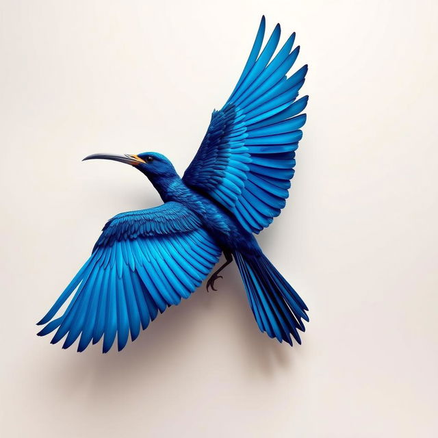 A stunning artistic representation featuring vibrant blue wings of a bird soaring gracefully, paired with the prominent white tusks of an elephant, symbolizing strength and beauty