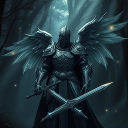 A fallen Aasimar knight standing heroically in a dark, misty forest