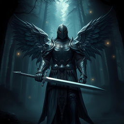 A fallen Aasimar knight standing heroically in a dark, misty forest