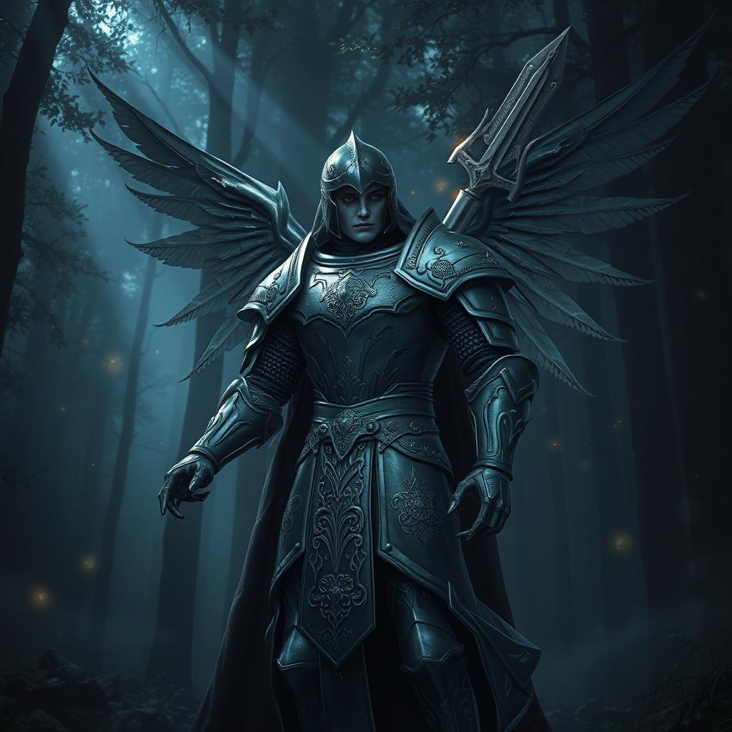 A fallen Aasimar knight standing heroically in a dark, misty forest