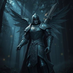 A fallen Aasimar knight standing heroically in a dark, misty forest