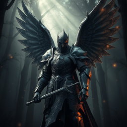 A fallen Aasimar knight standing heroically in a dark, misty forest