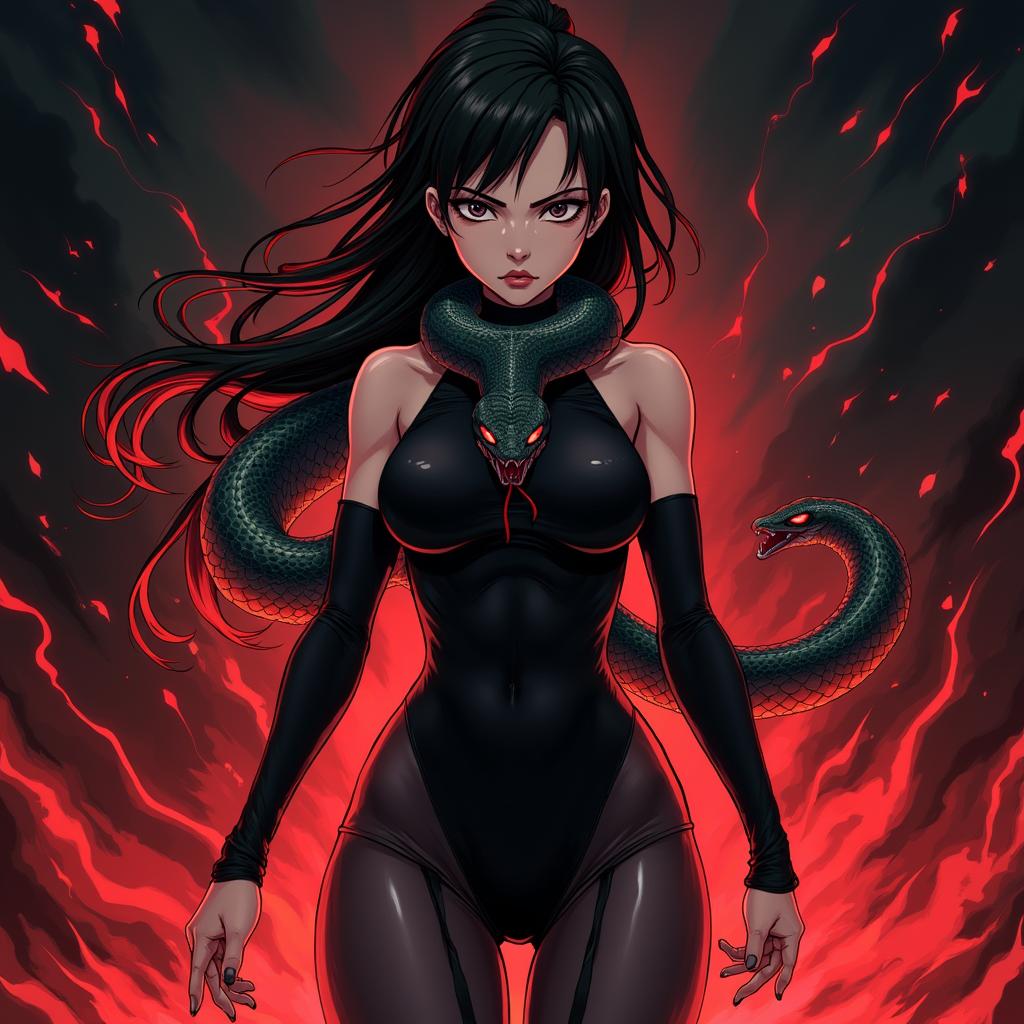 A high quality anime character, featuring an angry and beautiful lady dressed in a tight, form-fitting outfit that accentuates her fierce appearance