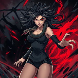 A high-quality anime character, featuring an angry, horror-inspired beautiful lady dressed in a tight, form-fitting outfit that highlights her powerful silhouette
