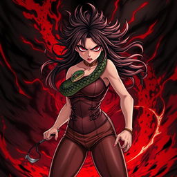 A high-quality anime character, featuring an angry, horror-inspired beautiful lady dressed in a tight, form-fitting outfit that highlights her powerful silhouette