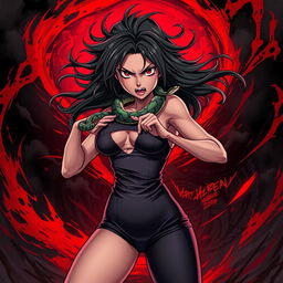 A high-quality anime character, featuring an angry, horror-inspired beautiful lady dressed in a tight, form-fitting outfit that highlights her powerful silhouette
