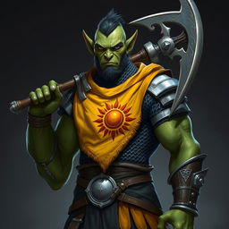 A semi-orc male character with sharp orc-like ears but a more human-like nose and mouth