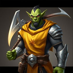 A semi-orc male character with sharp orc-like ears but a more human-like nose and mouth
