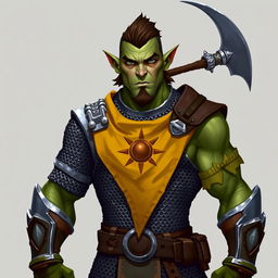 A semi-orc male character with sharp orc-like ears but a more human-like nose and mouth