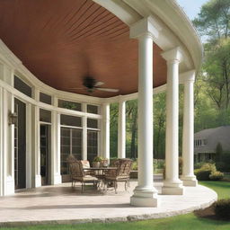 A 12x12 patio with round columns supporting an extended roof that protrudes 3 feet in front of the facade of a house.