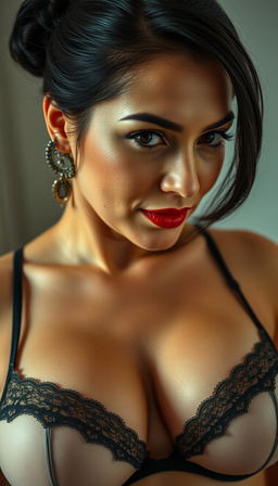 A close-up view of a 40-year-old woman, often referred to as a MILF, showcasing her large breasts in a sexy bra
