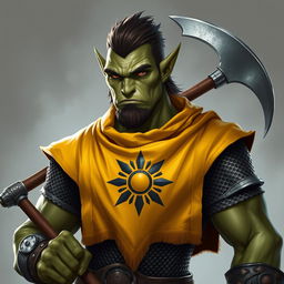 A semi-orc male with sharp ears like an orc but with a more human-like nose and mouth
