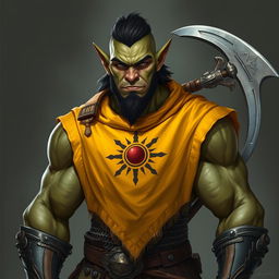 A semi-orc male with sharp ears like an orc but with a more human-like nose and mouth