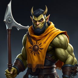 A semi-orc male with sharp ears like an orc but with a more human-like nose and mouth