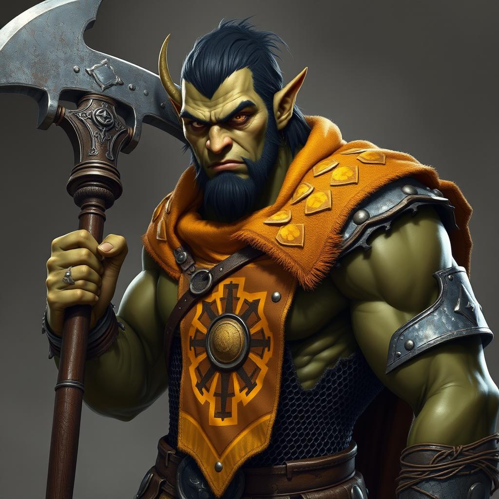 A semi-orc male with sharp ears like an orc but with a more human-like nose and mouth