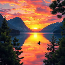 A stunning A3 landscape poster featuring a serene sunset over a tranquil lake surrounded by majestic mountains