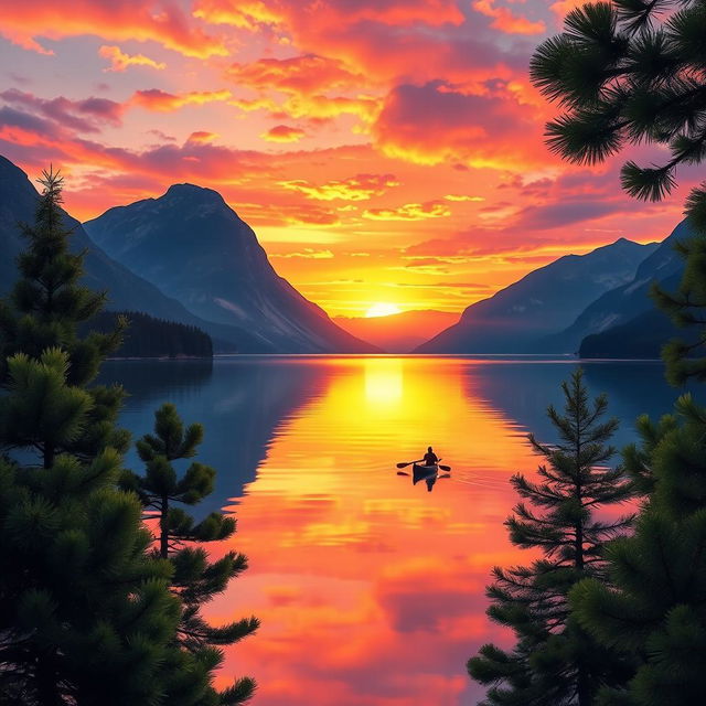A stunning A3 landscape poster featuring a serene sunset over a tranquil lake surrounded by majestic mountains
