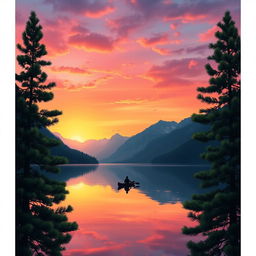 A stunning A3 landscape poster featuring a serene sunset over a tranquil lake surrounded by majestic mountains
