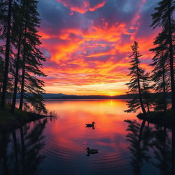 A stunning landscape photo capturing a vibrant sunset over a serene lake, with tall pine trees framing the scene