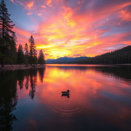 A stunning landscape photo capturing a vibrant sunset over a serene lake, with tall pine trees framing the scene