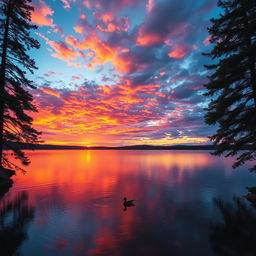 A stunning landscape photo capturing a vibrant sunset over a serene lake, with tall pine trees framing the scene