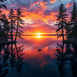 A stunning landscape photo capturing a vibrant sunset over a serene lake, with tall pine trees framing the scene