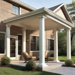 A 12x12 patio with round columns supporting an extended roof that protrudes 3 feet in front of the facade of a house.