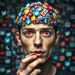 A surreal portrait of a person with a brain visibly overflowing with colorful social media icons and symbols, representing various social networks