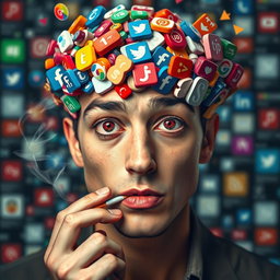 A surreal portrait of a person with a brain visibly overflowing with colorful social media icons and symbols, representing various social networks