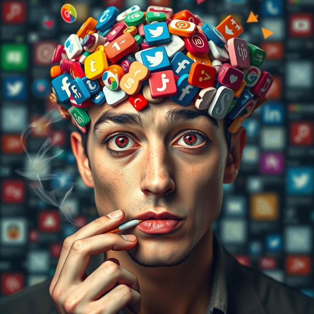 A surreal portrait of a person with a brain visibly overflowing with colorful social media icons and symbols, representing various social networks