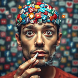 A surreal portrait of a person with a brain visibly overflowing with colorful social media icons and symbols, representing various social networks