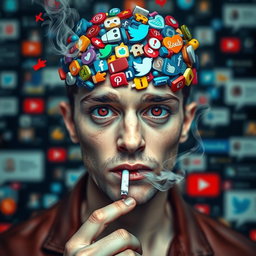 A surreal portrait of a person with a brain visibly overflowing with colorful social media icons and symbols, representing various social networks