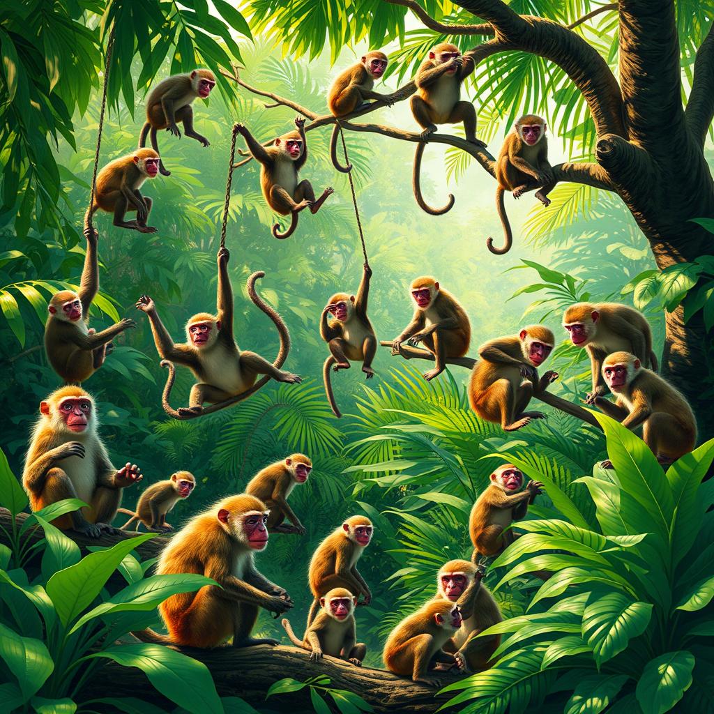 A vibrant scene depicting a group of 20 monkeys in a lush, green jungle setting