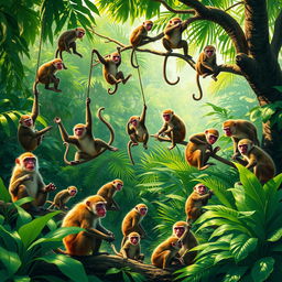 A vibrant scene depicting a group of 20 monkeys in a lush, green jungle setting