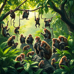 A vibrant scene depicting a group of 20 monkeys in a lush, green jungle setting