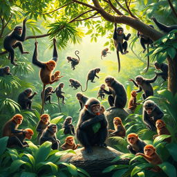 A vibrant scene depicting a group of 20 monkeys in a lush, green jungle setting