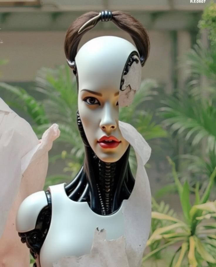 A handsome young man featuring a futuristic design, with one side of his face being partially robotic, blending seamlessly with his human features