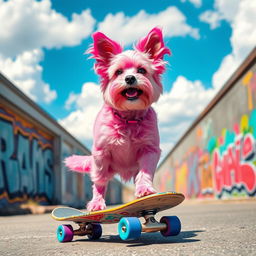 A cute pink dog riding a skateboard, with a bright blue sky and fluffy white clouds in the background