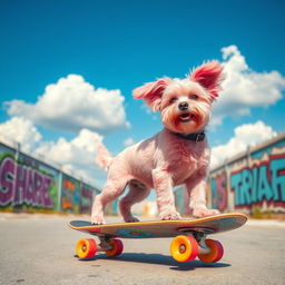 A cute pink dog riding a skateboard, with a bright blue sky and fluffy white clouds in the background