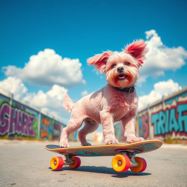 A cute pink dog riding a skateboard, with a bright blue sky and fluffy white clouds in the background