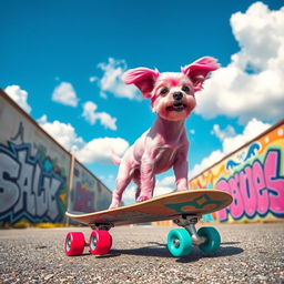A cute pink dog riding a skateboard, with a bright blue sky and fluffy white clouds in the background