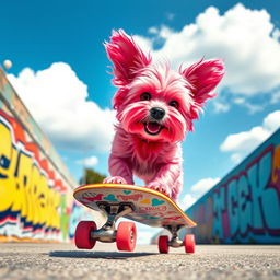 A cute pink dog riding a skateboard, with a bright blue sky and fluffy white clouds in the background