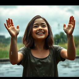 A teenage girl standing in the rain, completely soaked, with shoulder-length brown hair, slightly damp, lightly clinging to her cheeks