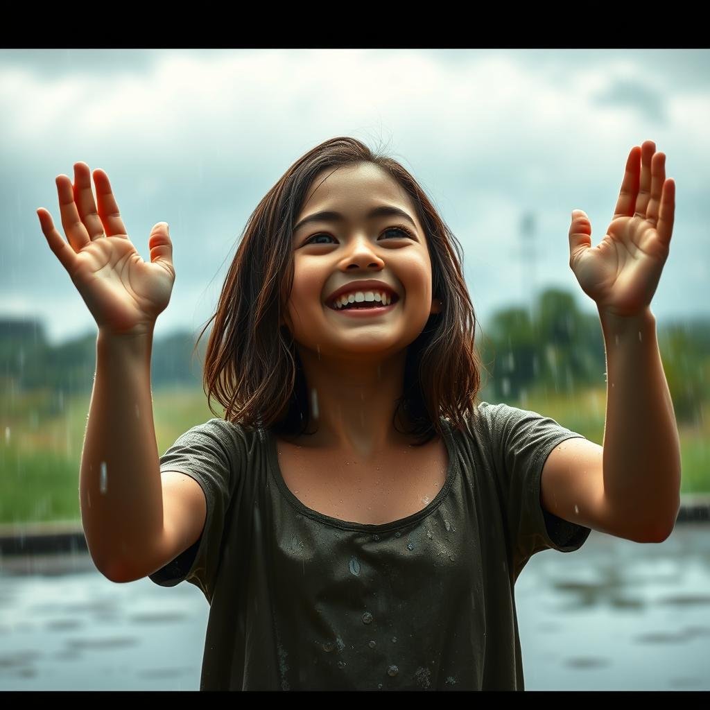 A teenage girl standing in the rain, completely soaked, with shoulder-length brown hair, slightly damp, lightly clinging to her cheeks