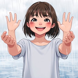 A teenage girl standing in the rain, completely soaked, with shoulder-length brown hair, slightly damp, lightly clinging to her cheeks